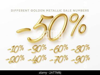 Golden numbers in 3d style. Numbers with liquid effect of a golden metallic gradient in volumetric style. Isolated numbers on a white background Stock Vector