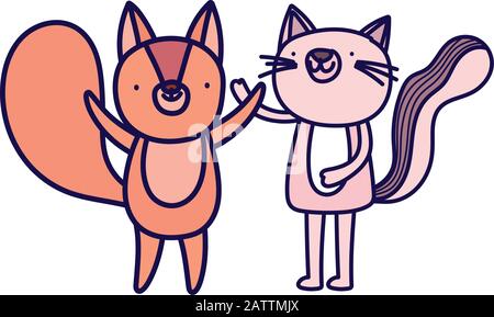 little pink cat and squirrel cartoon character on white background vector illustration Stock Vector