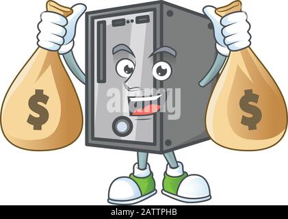 A cute image of CPU cartoon character holding money bags Stock Vector