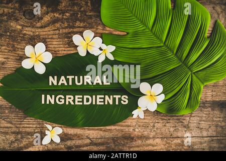 beauty industry and ethical vegan products conceptual still-life, Natural Ingredients message on tropical banana leaf with monoi frangipani flowers Stock Photo