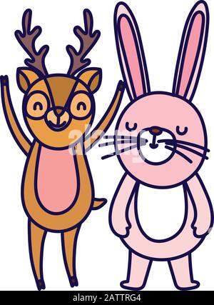 little rabbit and deer cartoon character on white background vector illustration Stock Vector