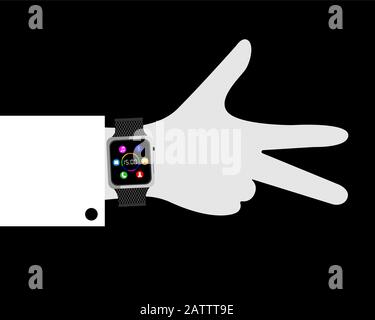 A poster with the image of a smart watch on his hand. Hand with spread fingers. Vector illustration. Stock Vector