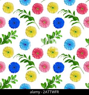 Seamless pattern of colorful gerbera flowers and green leaves on white background isolated, bright multi-colored daisy flower repeating ornament Stock Photo