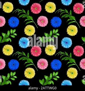 Seamless pattern of colorful gerbera flowers and green leaves on black background isolated, bright multi-colored daisy flower repeating ornament Stock Photo