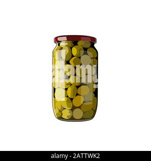 Green olives jar. Canned marinated olive. Vector graphic illustration. olives Stock Vector