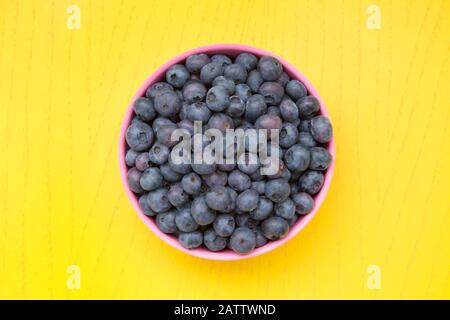 blueberries on pink bowl on yellow background Stock Photo