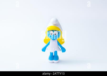 Kouvola, Finland - 23 January 2020: Smurfette a female Smurfs toy figure model character from The Smurf movie. There are plastic toy sold as part of t Stock Photo