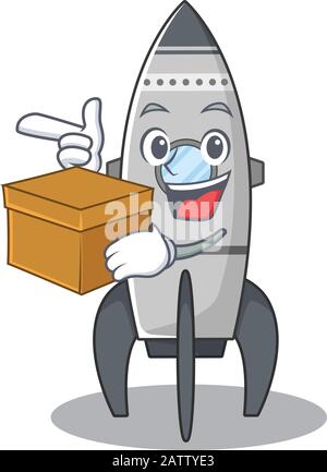 Cute rocket cartoon character having a box Stock Vector