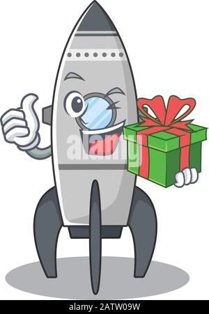 Happy rocket character having a gift box Stock Vector