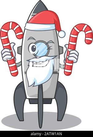 Rocket Cartoon character wearing Santa costume bringing a candy Stock Vector