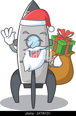Santa rocket Cartoon character design having box of gifts Stock Vector