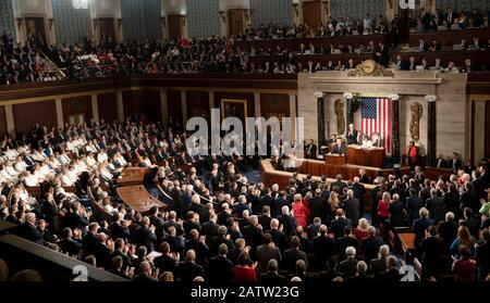 Washington DC, USA. 04th Feb, 2020. U.S. President Donald Trump delivers his State of the Union address to a joint session of Congress on Capitol Hill in Washington, DC, the United States, Feb. 4, 2020. Credit: Xinhua/Alamy Live News Stock Photo