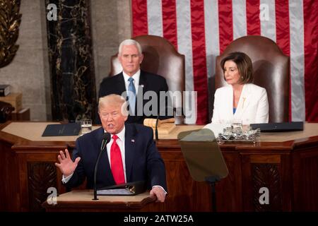 Washington DC, USA. 04th Feb, 2020. U.S. President Donald Trump delivers his State of the Union address to a joint session of Congress on Capitol Hill in Washington, DC, the United States, Feb. 4, 2020. Credit: Xinhua/Alamy Live News Stock Photo