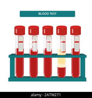 Five blood red test tubes in rack, medical vector illustration Stock Vector