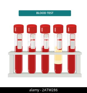 Five blood red test tubes in rack, medical vector illustration Stock Vector
