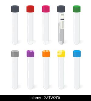 Medical instruments for laboratory. Blood sampling vacuum tube with colorful bottom. Different vector vacutainer for blood analisis. Stock Vector