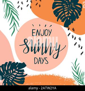 Creative summer card template with hand drawn leaves and strokes. Stock Vector