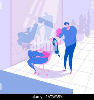 Master hairdresser doing hair styling to a young beautiful client. The interior of the beauty salon. Cartoon characters in flat style vector illustrat Stock Vector