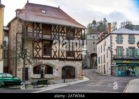 'Les maisons de pierre' Village of Chateldon, half timbering , houses, Livradois Forez natural park, Puy de Dome, Auvergne, France, Europe Stock Photo