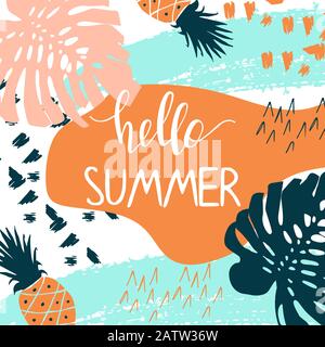 Creative summer card template with hand drawn leaves and strokes. Stock Vector