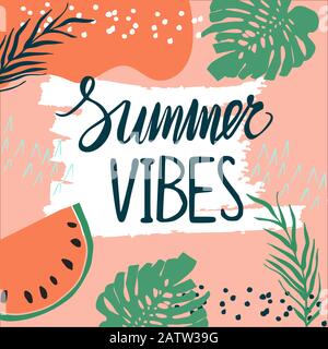 Creative summer card template with hand drawn leaves and strokes. Stock Vector