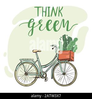 Bicycle with green plants in a basket. Think green. Stock Vector