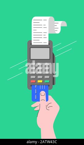 Electronic payment concept. Flat linear illustration of POS terminal and chip credit card inserted into it. Store payment machine with long paper chec Stock Vector