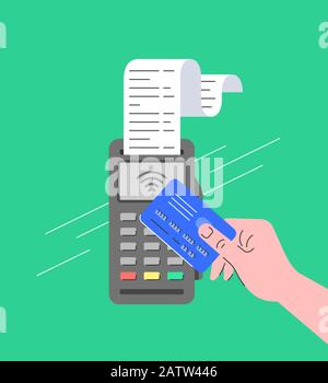 Contactless payment concept. Flat linear illustration of POS terminal with NFC technology. Store payment machine with long paper check. Buyer pays for Stock Vector