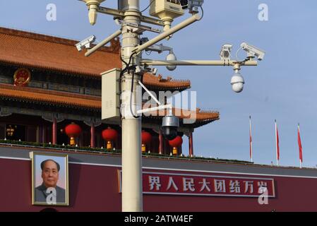 *** STRICTLY NO SALES TO FRENCH MEDIA OR PUBLISHERS *** October 05, 2019 - Beijing, China:  Several video surveillance cameras are visible on masts located on Tiananmen Square. ChinaÕs number of surveillance cameras is expected to rise to over 560 million cameras by 2021, according to a Wall Street Journal report published in late 2019. Stock Photo