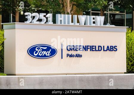 Aug 5, 2019 Palo Alto/ CA / USA - Ford Greenfield Labs sign at their headquarters in Silicon Valley; Ford Greenfield Labs houses the Smart Vehicles re Stock Photo