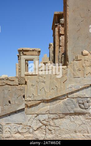 Palace of Darius,  called Tachara  or winter palace, in Persepolis.  Detail of southern view with stairway bas relief. Stock Photo