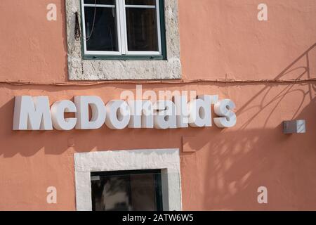 Lisbon, Portugal - January 17, 2020: Sign for a McDonalds fast food restaurant in the Belem area neighborhood Stock Photo