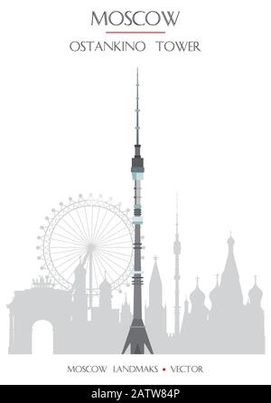 Colorful vector Ostankino Tower, famous landmark of Moscow, Russia. Vector flat illustration isolated on white background. Stock illustration Stock Vector