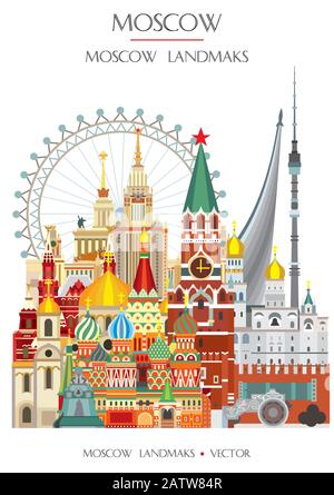 Colorful vector illustration of famous landmarks of Moscow, Russia. Vector flat illustration isolated on white background. Stock illustration Stock Vector