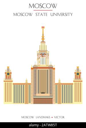 Colorful vector Moscow State University, famous landmark of Moscow, Russia. Vector flat illustration isolated on white background. Stock illustration Stock Vector
