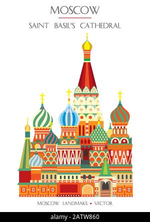 Colorful vector Saint Basil's Cathedral on Red Square, famous landmark of Moscow, Russia. Vector flat illustration isolated on white background. Stock Stock Vector