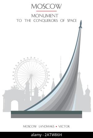 Colorful vector Monument to the Conquerors of Space on VDNH, famous landmark of Moscow, Russia. Vector flat illustration isolated on white background. Stock Vector