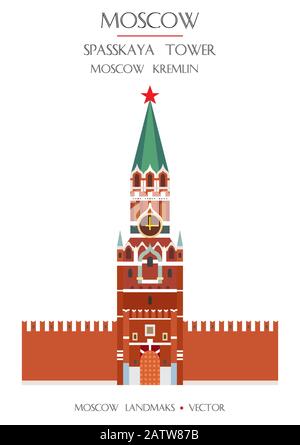 Colorful vector Spasskaya Tower of the Moscow Kremlin, famous landmark of Moscow, Russia. Vector flat illustration isolated on white background. Stock Stock Vector