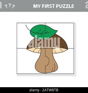 Cartoon white mushroom with leaves. Paper game My first puzzle for children and kids Stock Vector