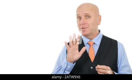 Businessman Smiling and Speaking in a Business Conference, Image with a Manager Giving an Interview Stock Photo
