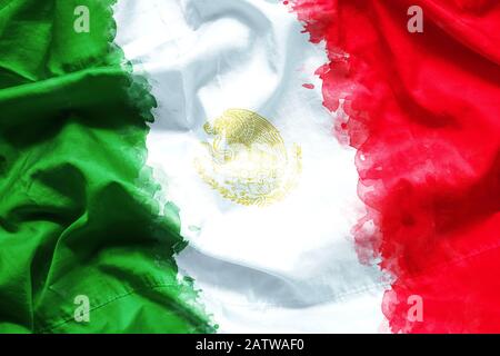 Flag of United Mexican States (Mexico) by watercolor paint brush on canvas fabric, grunge style Stock Photo