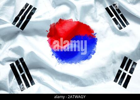 Flag Republic of South Korea by watercolor paint brush on canvas fabric, grunge style Stock Photo