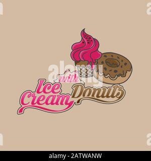 Vector flat donuts and ice craem outline icon. Comic character in cartoon style illustration for t shirt design and banner Stock Vector