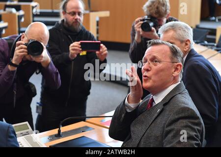 Erfurt, Germany. 05th Feb, 2020. Bodo Ramelow (Die Linke, front), the current Minister President of Thuringia, sits in the Landtag before the election of the new Minister President. Ramelow is running for re-election. The AfD parliamentary group has nominated the non-party honorary mayor Kindervater. Credit: Martin Schutt/dpa-Zentralbild/dpa/Alamy Live News Stock Photo