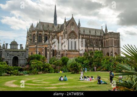 Arundel Cathedral seen from the garden grounds of Arundel Castle, West Sussex, England. Stock Photo