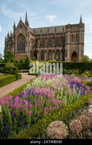 Arundel Cathedral seen from the flower garden of Arundel Castle, West Sussex, England. Stock Photo