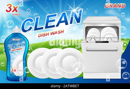 Dish wash soap ads. Realistic plastic packaging with detergent gel design. Liquid soap with clean white bowls, plates, dishes for dishwasher machine Stock Vector