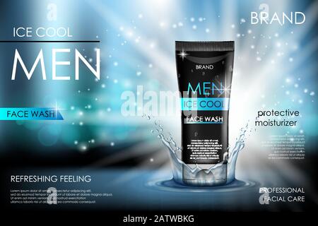 Cooling men face wash with water splashing. Realistic cool refreshing bottle packaging ad on black background. Skin care product design. 3d vector Stock Vector