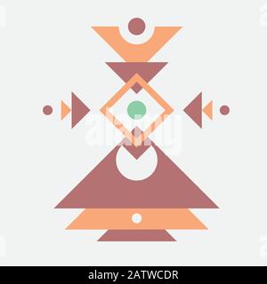 Modern native tribal pattern. Circle, square, triangle geometric shapes in pastel red, orange, green colors on grey background. Simple Hand drawn vect Stock Vector