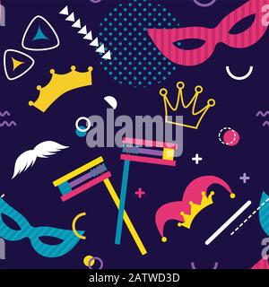 Purim carnival seamless pattern. Vector background with Jewish symbols, masks and costumes. pattern for party invitation, greeting card or banner Stock Vector